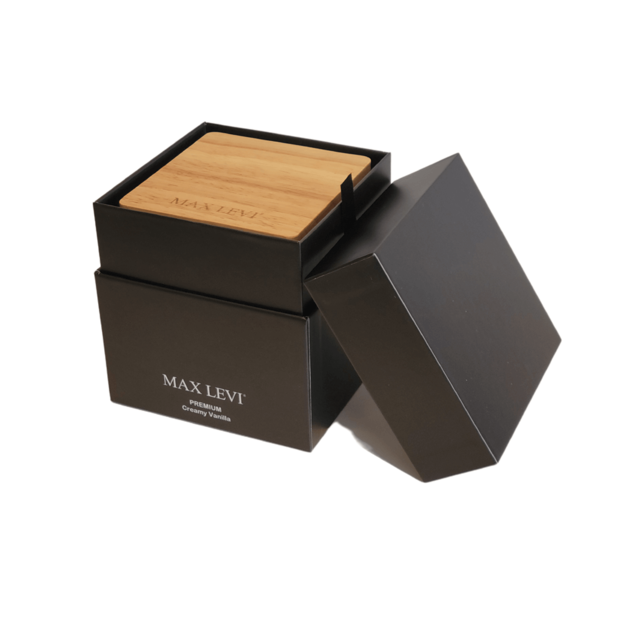 Max Levi Premium Vanilla Scented Candle in Gift Box with Lid Open.
