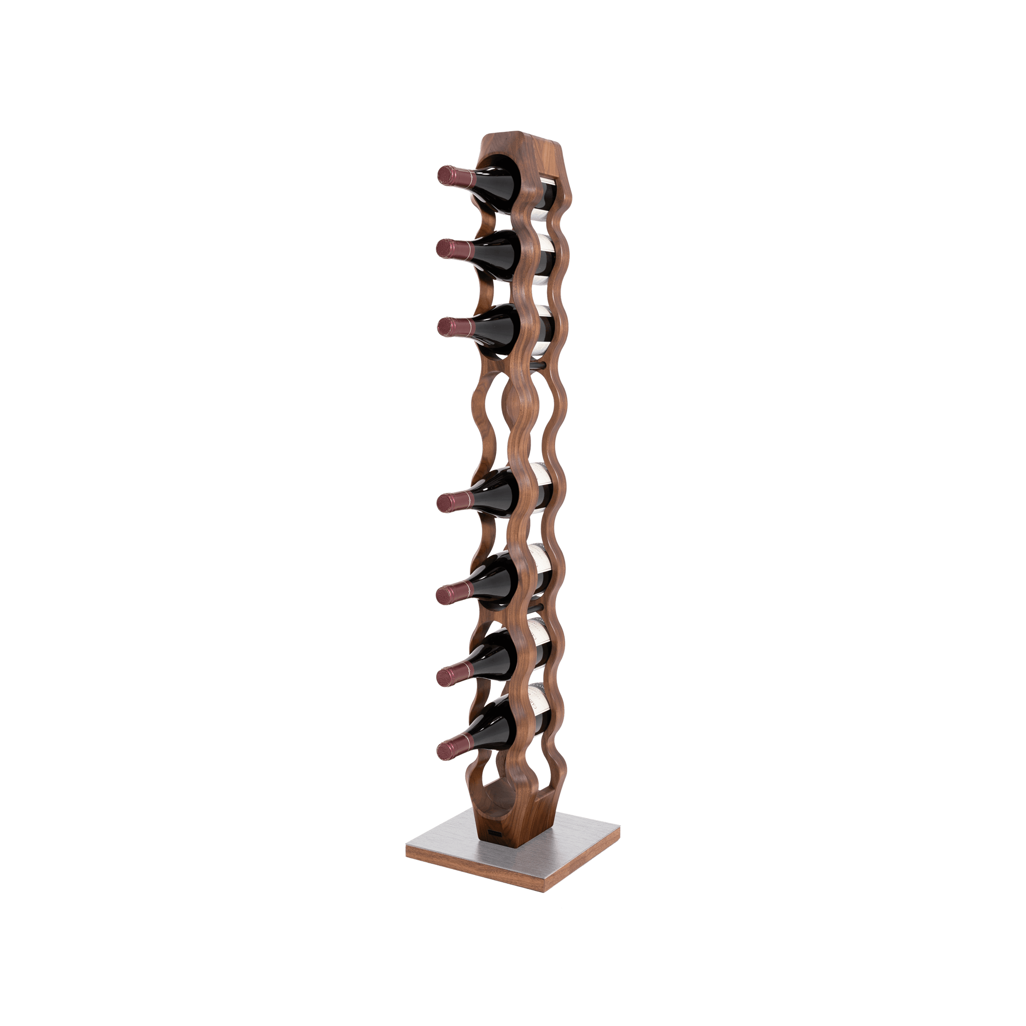 Max Levi Trim 9 American Walnut wood wine rack, wine stand rack, a wine rack, silver stand, corner image with bottles