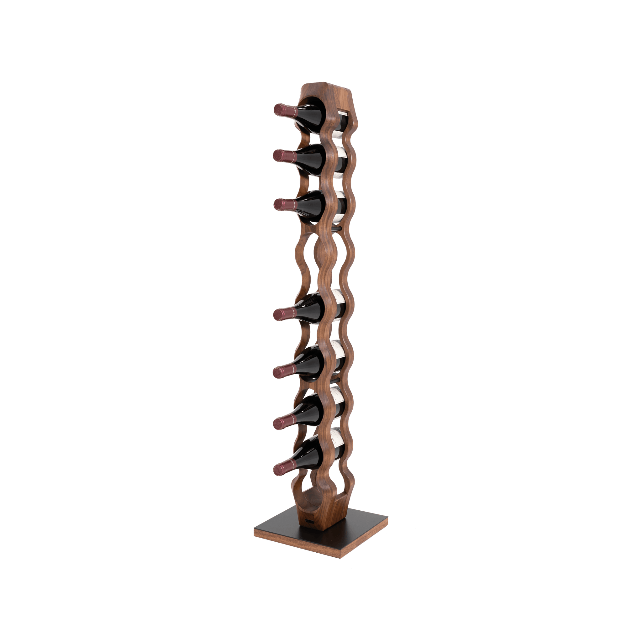 Max Levi Trim 9 American Walnut wood wine rack, wine stand rack, a wine rack, black stand, corner image with bottles