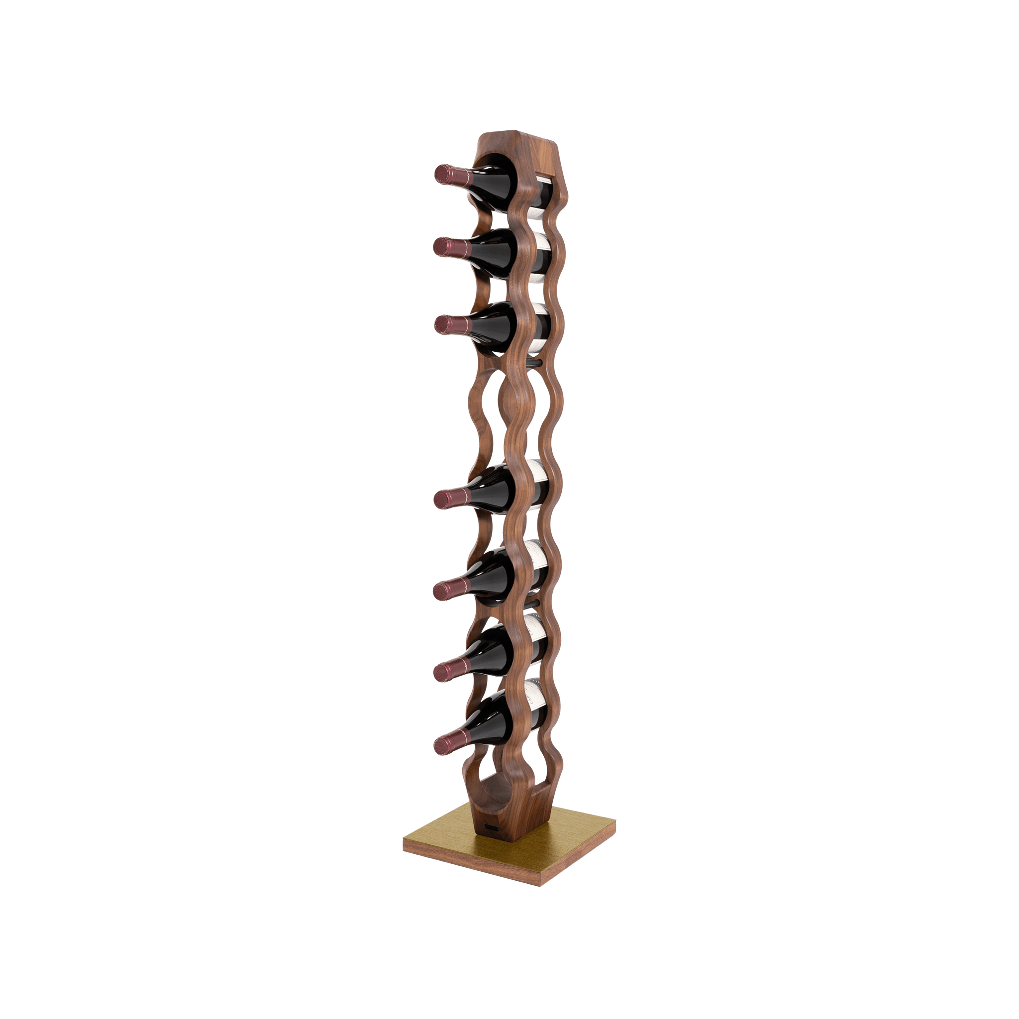 Max Levi Trim 9 American Walnut wood wine rack, wine stand rack, a wine rack, gold stand, corner image with bottles
