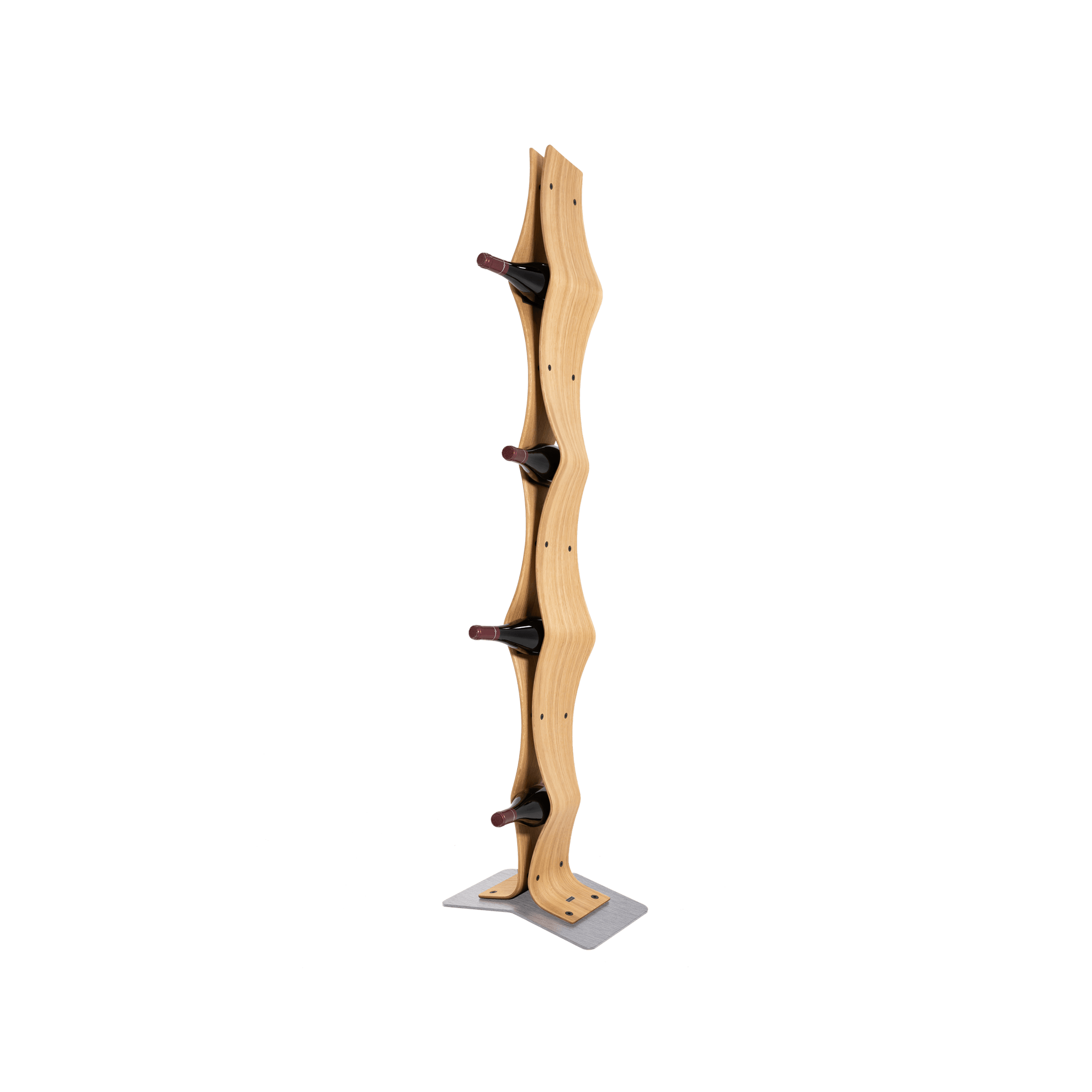 Max Levi Vertigo Select Oak wood wine rack, wine stand rack, a wine rack, silver stand, corner image with bottles