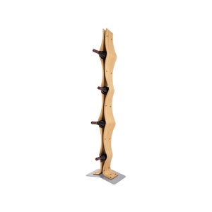 Max Levi Vertigo Select Oak wood wine rack, wine stand rack, a wine rack, silver stand, corner image with bottles
