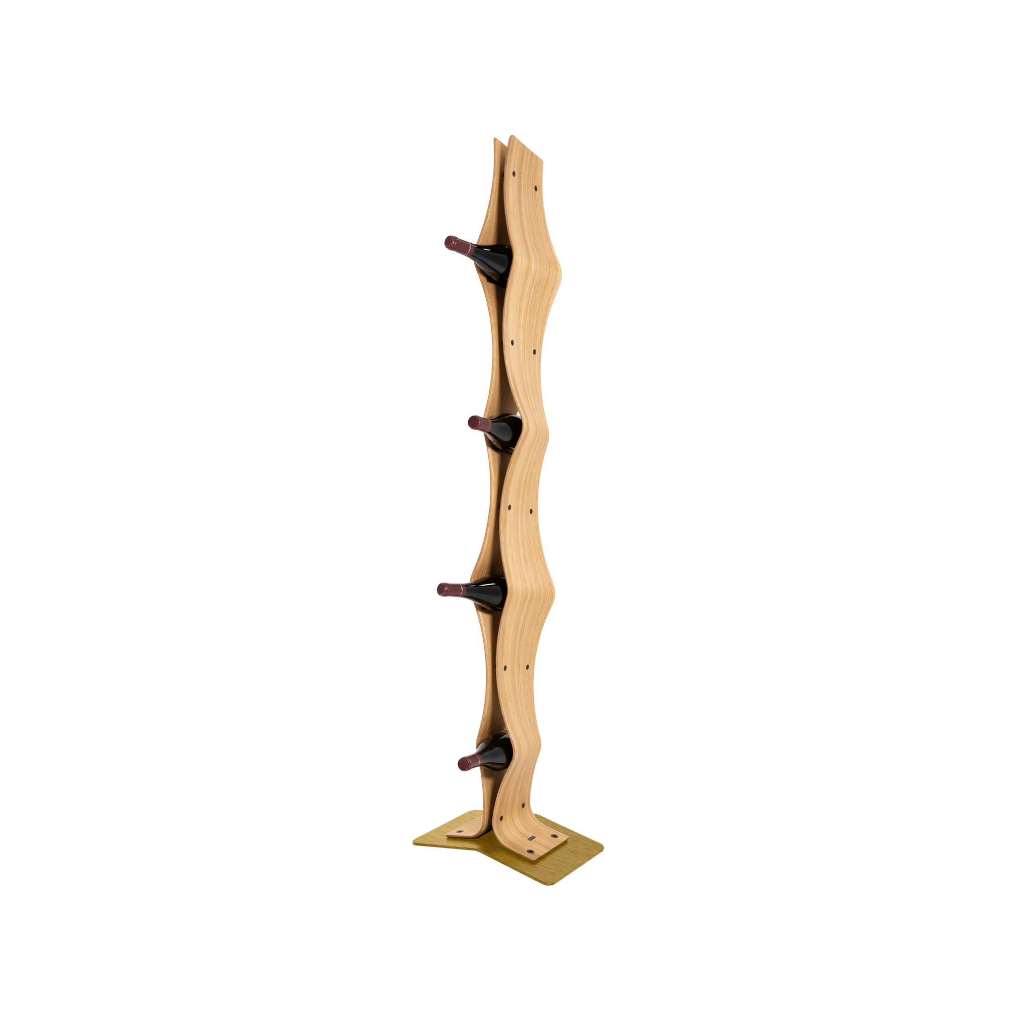 Max Levi Vertigo Select Oak wood wine rack, wine stand rack, a wine rack, gold stand, corner image with bottles
