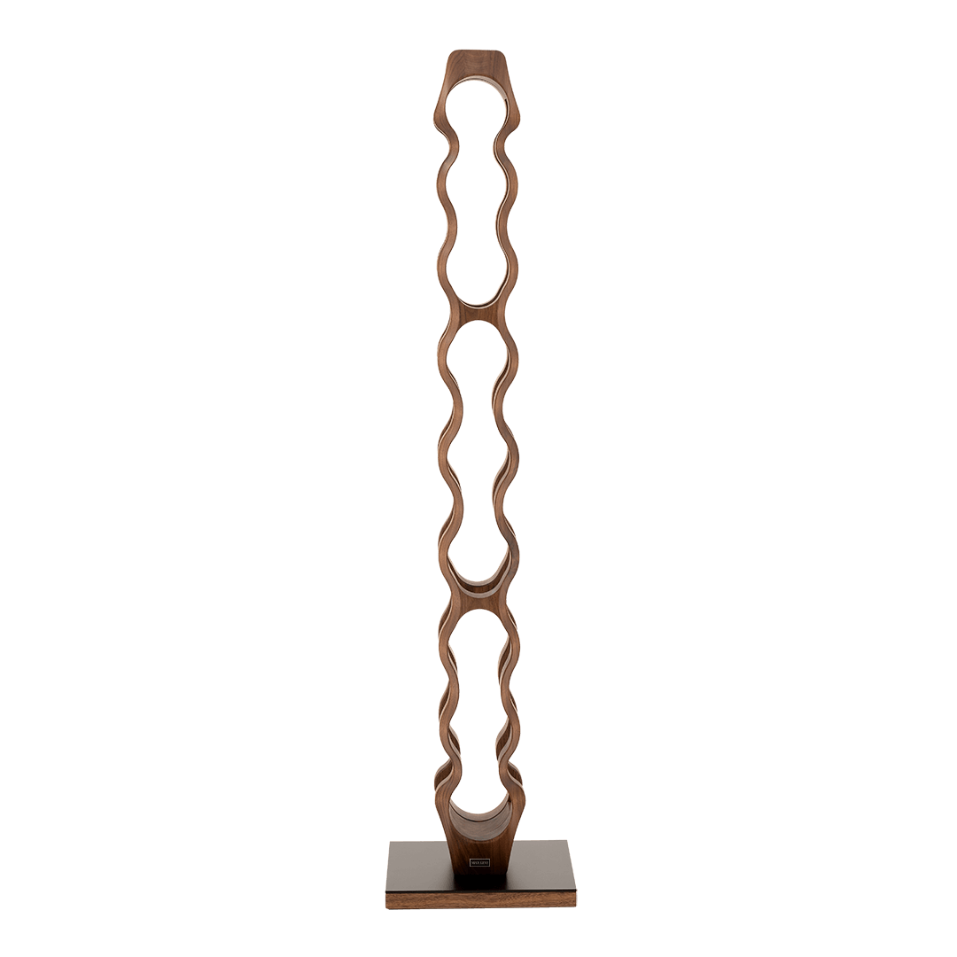 Max Levi Trim 9 American Walnut wood wine rack, wine stand rack, a wine rack, black stand, front image without bottles