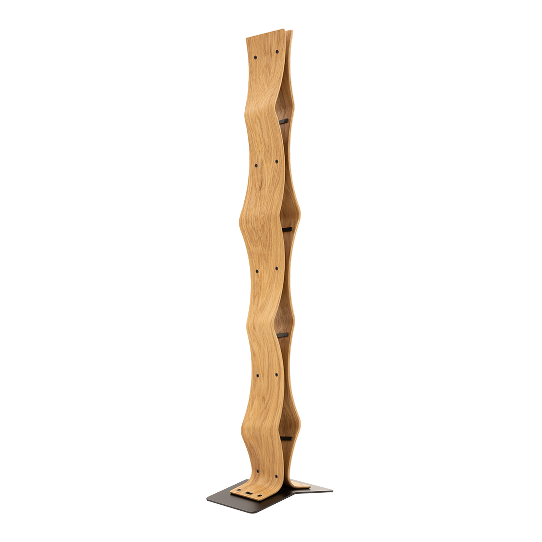 Max Levi Vertigo Select Oak wood wine rack, wine stand rack, a wine rack, black stand, corner image without bottles