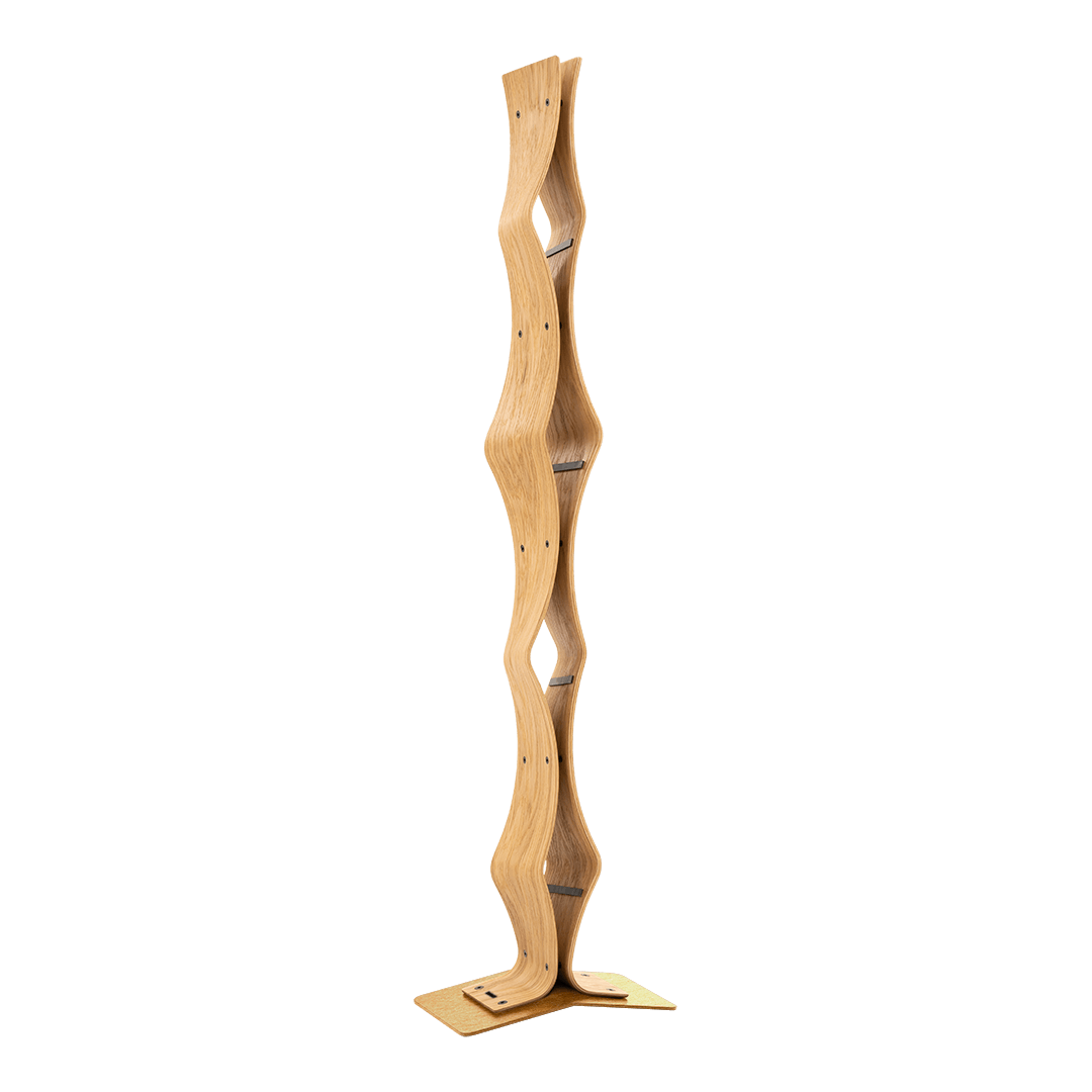 Max Levi Vertigo Select Oak wood wine rack, wine stand rack, a wine rack, gold stand, corner image without bottles