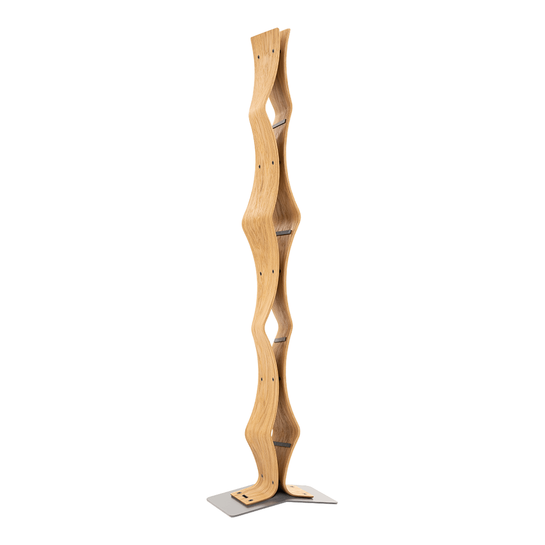 Max Levi Vertigo Select Oak wood wine rack, wine stand rack, a wine rack, silver stand, corner image without bottles